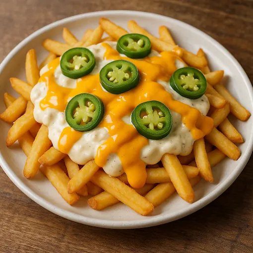 Strip Stack loaded fries with melted cheese and jalapeños
